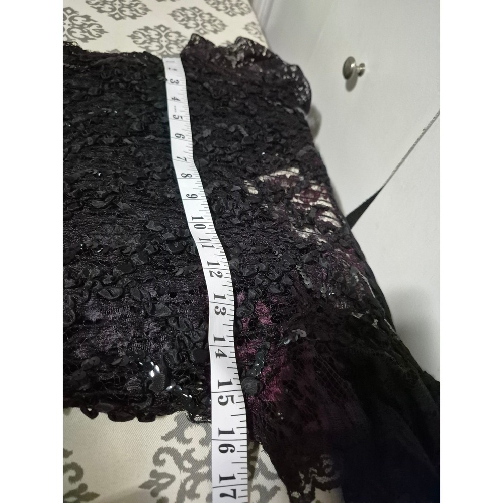 Vintage Black Purple Lace Sequin Ribbon Rosette Evening Gown Tea Length Dress - Picture 8 of 12